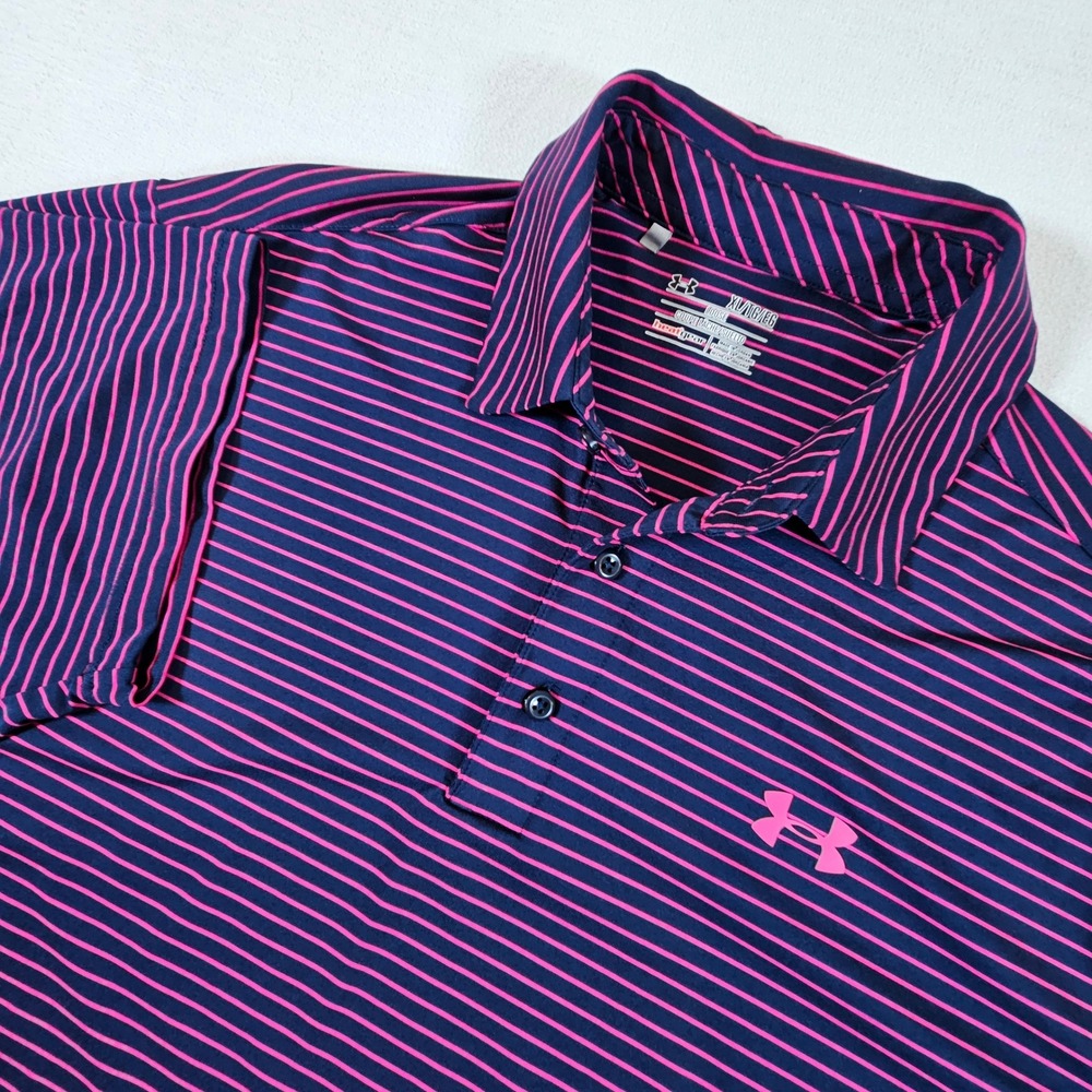 Under Armour Polo Shirt Mens XL Navy Pink Striped HeatGear Performance 1253479